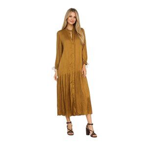 ZARA Mustard Yellow Boho XS Midi Dress Silky Button-Down Tie Neck Ruffle Hem